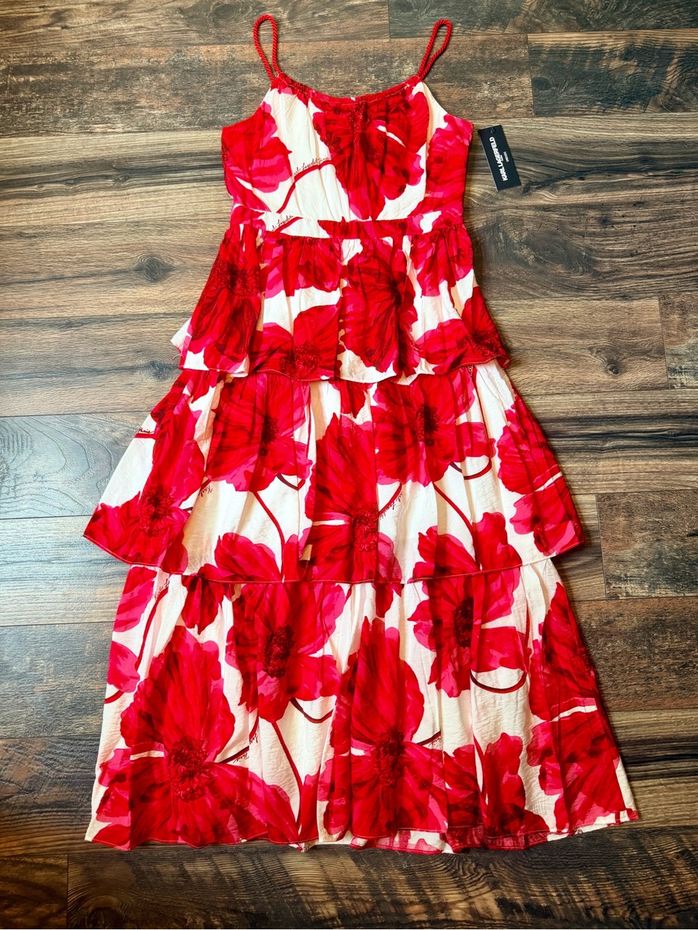 Karl Lagerfeld Paris Tiered Floral Print Red and White Maxi Dress size 6 - Picture 3 of 16